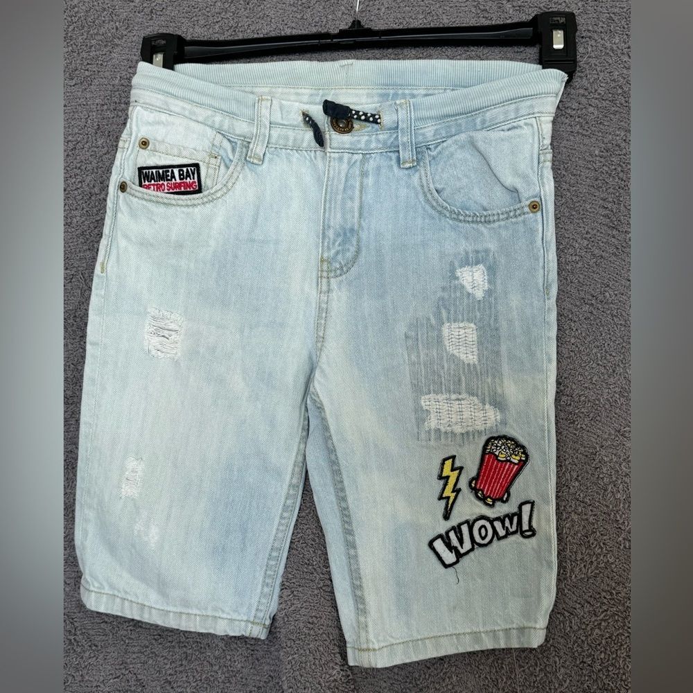 Zara boys denim shorts with patches and rips with tie and button waist sz8